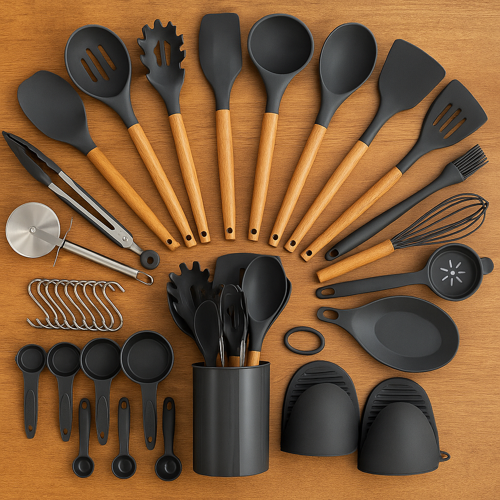 Set de 36 Ustensiles de Cuisine en Silicone avec Support – Résistants à la Chaleur & Anti-rayures