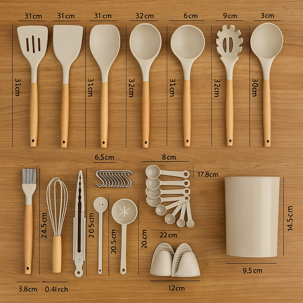 Set de 36 Ustensiles de Cuisine en Silicone avec Support – Résistants à la Chaleur & Anti-rayures