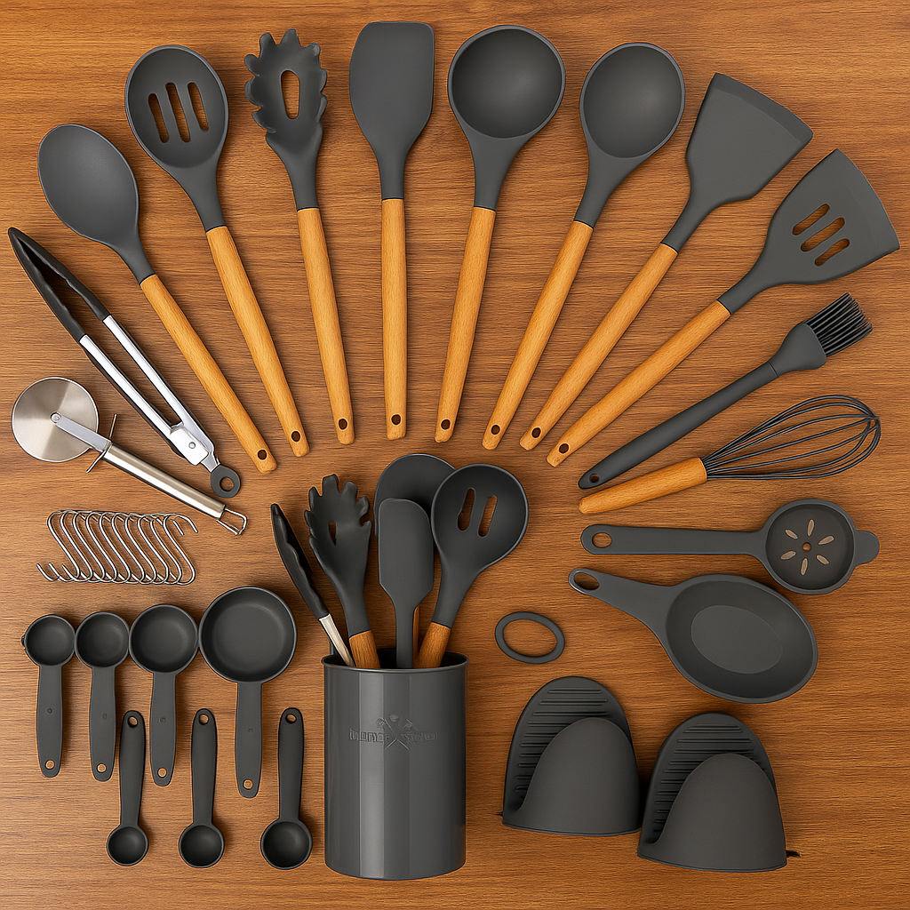 Set de 36 Ustensiles de Cuisine en Silicone avec Support – Résistants à la Chaleur & Anti-rayures