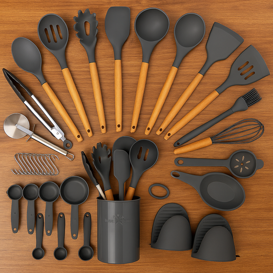 Set de 36 Ustensiles de Cuisine en Silicone avec Support – Résistants à la Chaleur & Anti-rayures