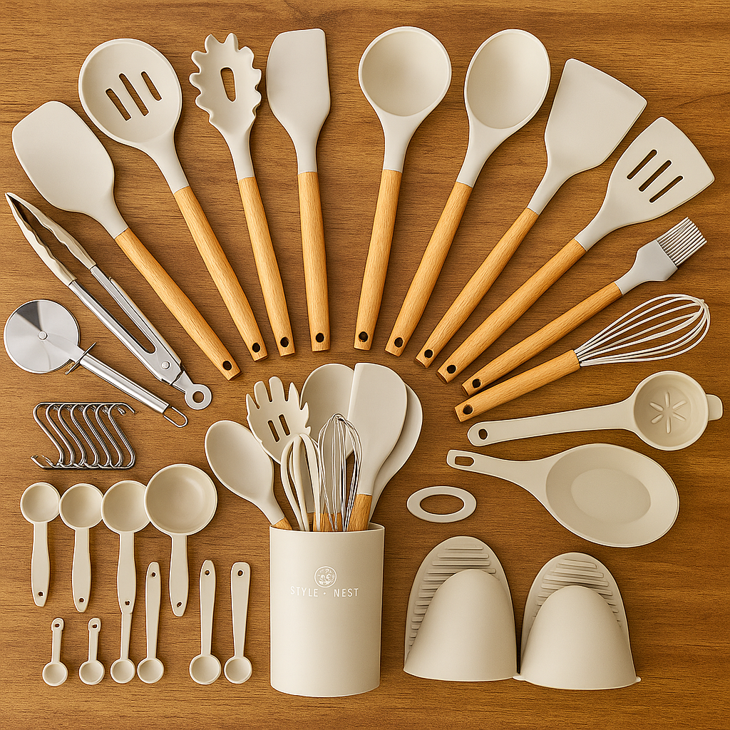 Set de 36 Ustensiles de Cuisine en Silicone avec Support – Résistants à la Chaleur & Anti-rayures