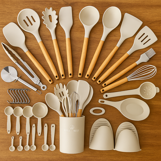 Set de 36 Ustensiles de Cuisine en Silicone avec Support – Résistants à la Chaleur & Anti-rayures