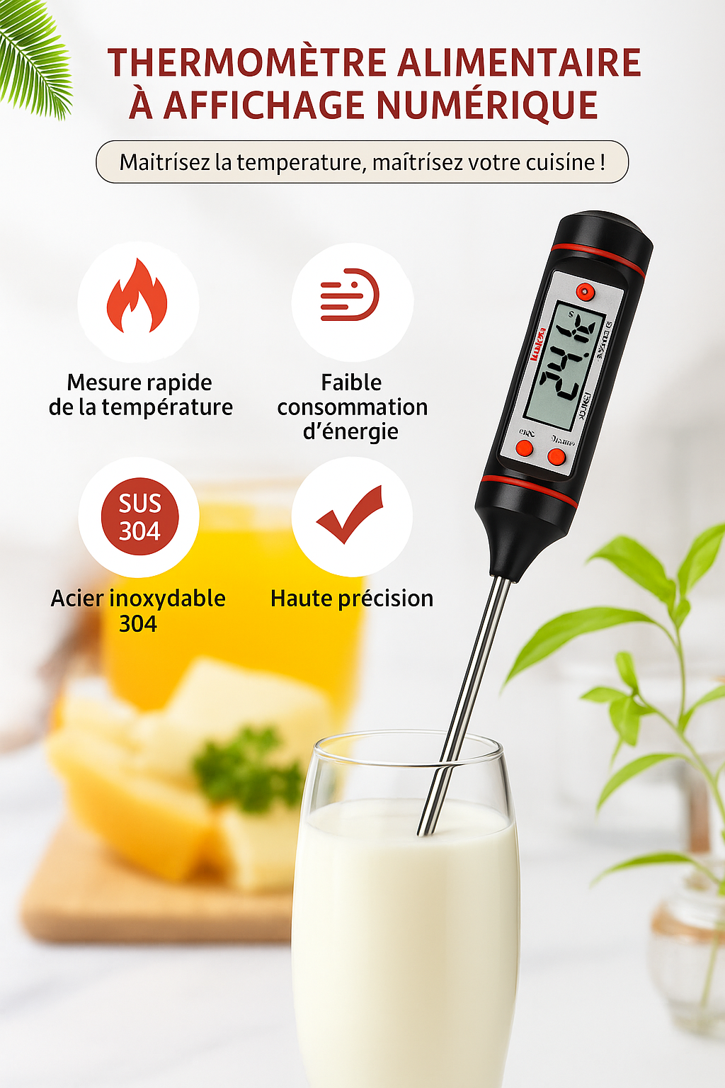 Thermomètre de Cuisine Digital – Sonde Électronique avec Affichage LCD pour Viande, Liquides et Cuisson au Four